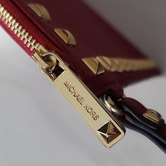 MICHAEL KORS Jet Set Selma XL Red Leather Gold Studded Pochette Wristlet Clutch - Picture 12 of 15